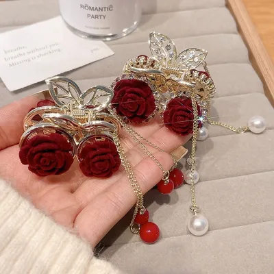 Elegant Red Rose Flower Decor Hair Clip